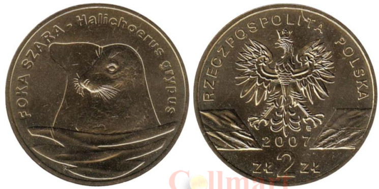  Польша. 2 злотых 2007 год. Длинномордый тюлень. 