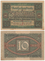 Бона. Германия (Веймарская республика) 10 марок 1920 год. (с фоновой буквой) P-67a. (VF)