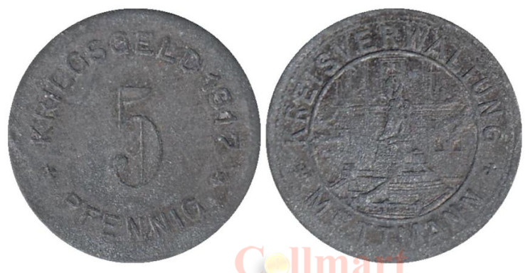  Германия. Меттман. 5 пфеннигов 1917 год. Памятник. Нотгельд. 