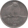  Финляндия. 50 пенни 1991 год. Медведь. 