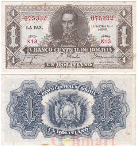  Бона. Боливия 1 боливиано 1928 (1951-1952) год.  Симон Боливар. (VF) 