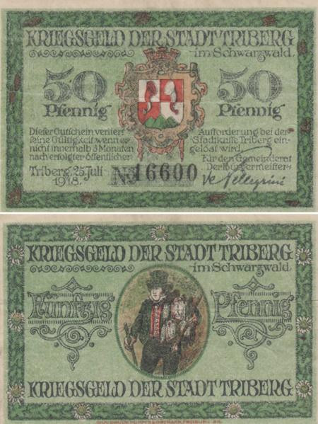  Бона. Германия. Триберг-им-Шварцвальд 50 пфеннигов 1918 год. Нотгельд. (VF) 