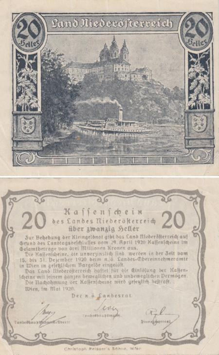  Бона. Австрия. Региональные выпуски - Нижняя Австрия 20 геллеров 1920 год. Нотгельд. (VF) 