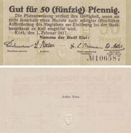  Бона. Германия. Киль 50 пфеннигов 1917 год. Нотгельд. (XF) 