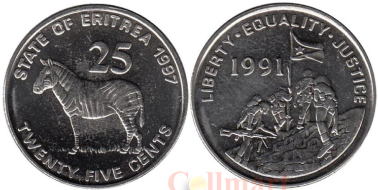  Эритрея. 25 центов 1997 год. Зебра Греви. 