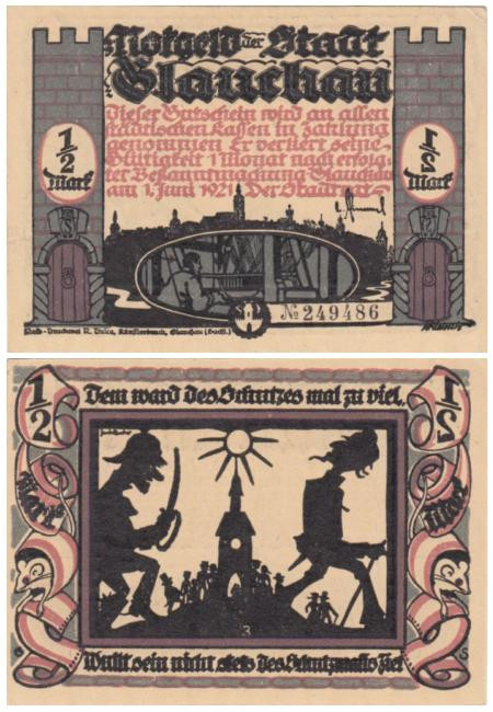  Бона. Германия. Глаухау 1/2 марки 1921 год. Пивная военная серия (Вар. 3). Нотгельд. (XF) 