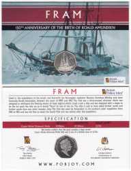 Британская антарктическая территория. 50 пенсов 2022 год. Полярный корабль Фрам - 150 лет со дня рождения Руаля Амундсена. (в открытке)