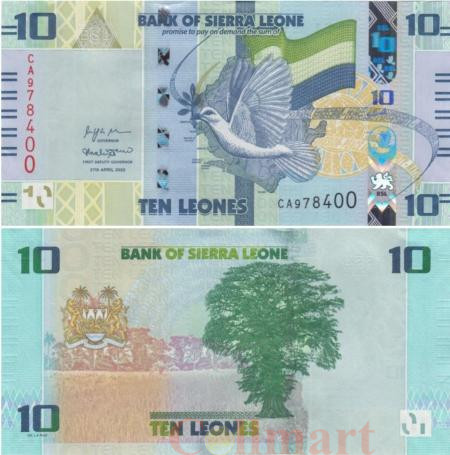  Бона. Сьерра-Леоне 10 леоне 2022 год. Голубь, летящий над картой Сьерра-Леоне. (Пресс) 