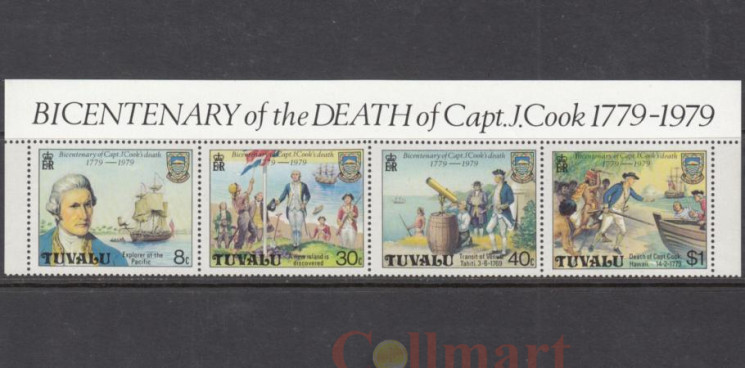  Сцепка марок. Тувалу 1979 год. Двухсотлетие со дня смерти капитана Джеймса Кука. (4 марки) 