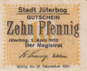  Бона. Германия. Йютербог 10 пфеннигов 1920 год. Нотгельд желтый. (VF) 
