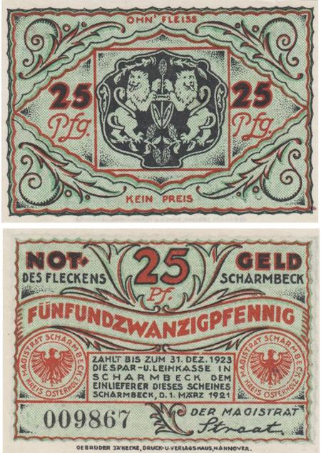  Бона. Германия. Остерхольц-Шармбек 25 пфеннигов 1921 год. Нотгельд. (XF) 