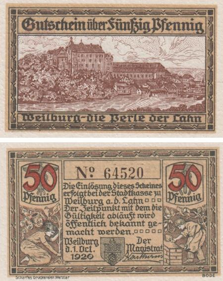  Бона. Германия. Вайльбург 50 пфеннигов 1920 год. Нотгельд. (XF) 