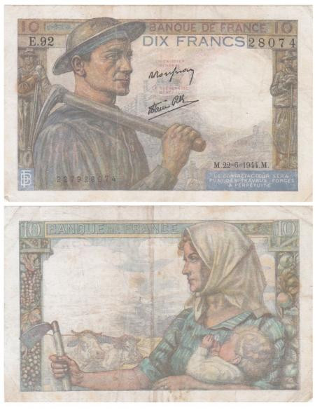  Бона. Франция 10 франков 1944 год. Шахтер. (F) 