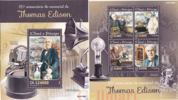 Почтовый блок + малый лист. Сан-Томе и Принсипи. 85-я годовщина со дня смерти Томаса Эдисона.