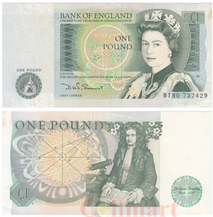 Бона. Великобритания 1 фунт 1980-88 год. Елизавета II. Исаак Ньютон. (подпись - D.H.F.Somerset) (VF) 