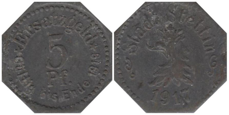  Германия. Штеттин. 5 пфеннигов 1917 год. Нотгельд. 