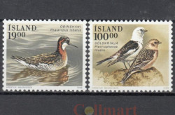 Набор марок. Исландия 1989 год. Птицы - Круглоносый плавунчик и Пуночка. (2 марки)