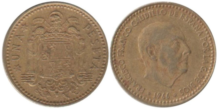  Испания. 1 песета 1966 год. Франсиско Франко. (75 внутри звезды) 