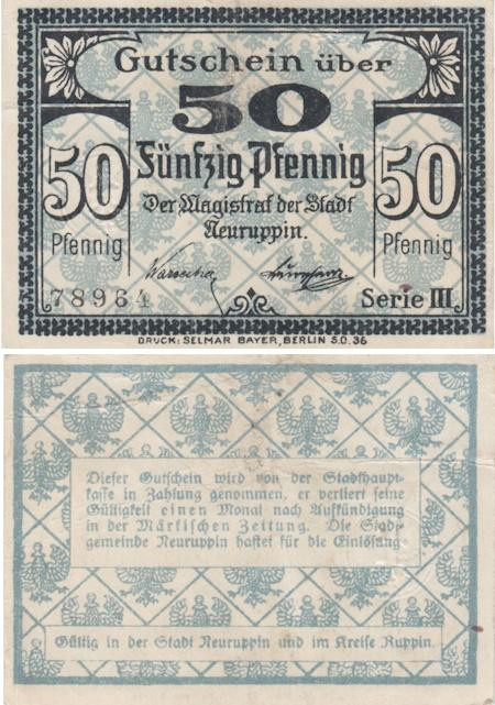  Бона. Германия. Нойруппин 50 пфеннигов 1917 год. Нотгельд. (VF) 