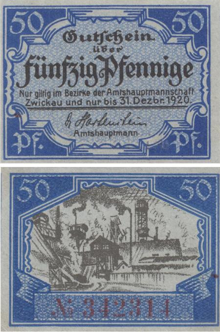  Бона. Германия. Цвиккау 50 пфеннигов 1920 год. Нотгельд. (XF) 