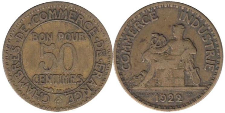  Франция. 50 сантимов 1922 год. Меркурий. 