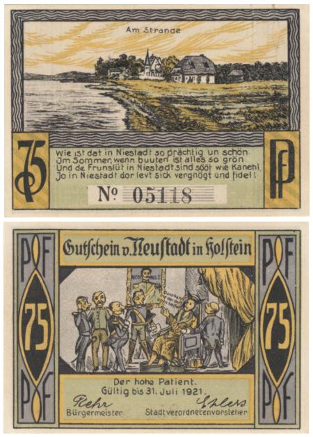  Бона. Германия. Нойштадт-ин-Хольштайн 75 пфеннигов 1921 год. Пляж. Нотгельд. (XF) 