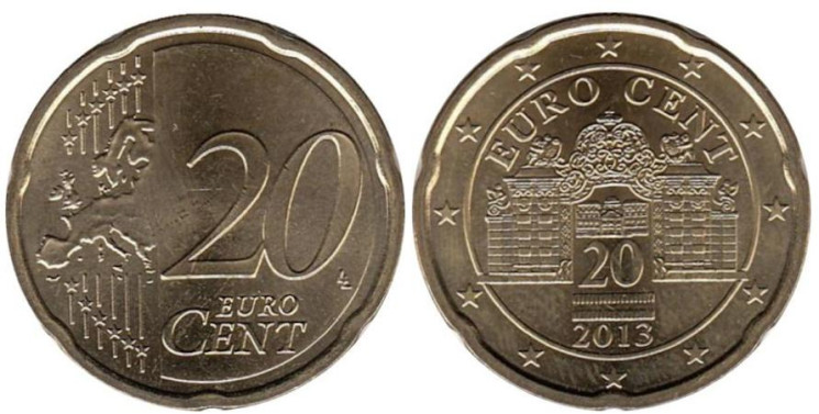  Австрия. 20 евроцентов 2013 год. Дворец Бельведер в Вене. 