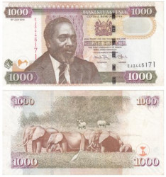 Бона. Кения 1000 шиллингов 2010 год. Слоны. (VF)
