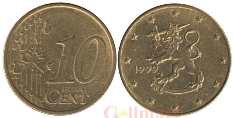  Финляндия. 10 евроцентов 1999 год. Геральдический лев. 