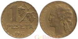 Испания. 1 песета 1937 год. Виноградная лоза.