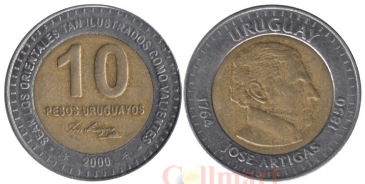  Уругвай. 10 песо 2000 год. Хосе Хервасио Артигас. (**) 