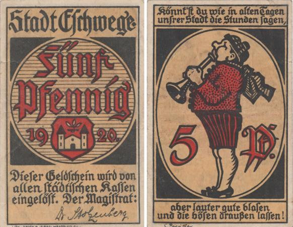  Бона. Германия. Эшвеге 5 пфеннигов 1920 год. Трубач. Нотгельд. (VF) 