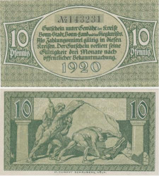 Бона. Германия. Кёльн 10 пфеннигов 1920 год. Каменщики. Нотгельд. (XF)