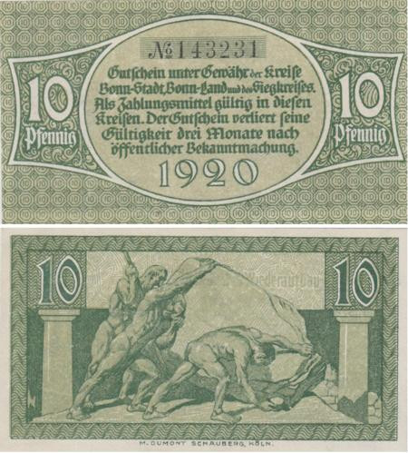  Бона. Германия. Кёльн 10 пфеннигов 1920 год. Каменщики. Нотгельд. (XF) 