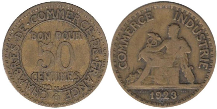  Франция. 50 сантимов 1923 год. Меркурий. 