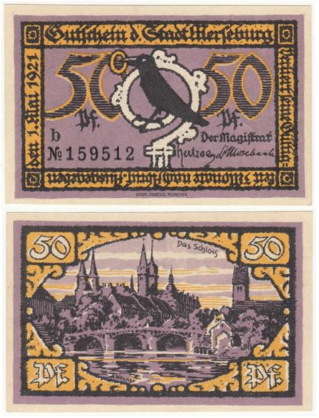  Бона. Германия. Мерзебург 50 пфеннигов 1921 год. Замок Мерзебург. Нотгельд. (XF) 