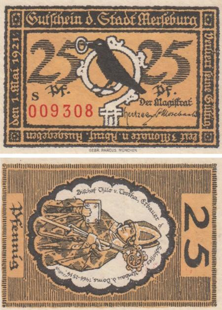  Бона. Германия. Мерзебург 25 пфеннигов 1921 год. Нотгельд. (XF) 