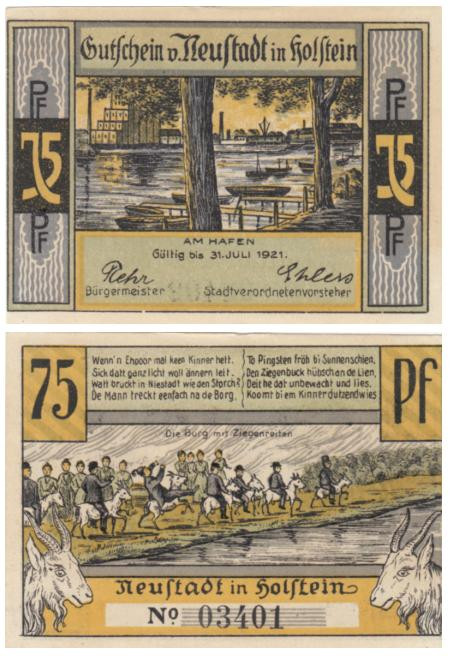  Бона. Германия. Нойштадт-ин-Хольштайн 75 пфеннигов 1921 год. Порт. Нотгельд. (XF) 