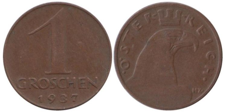  Австрия. 1 грош 1937 год. 