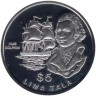  Токелау. 5 долларов 1989 год. Корабль Королевского флота (HMS Dolphin). Вице-адмирал Джон Байрон. 