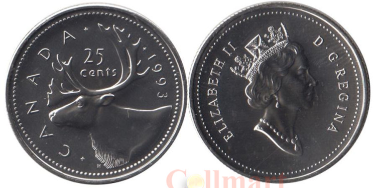  Канада. 25 центов 1993 год. Северный олень. (UNC) 
