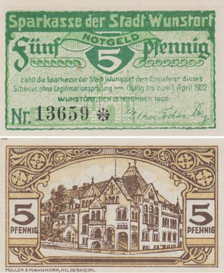  Бона. Германия. Вунсторф 5 пфеннигов 1920 год. Замок. Нотгельд. (XF) 