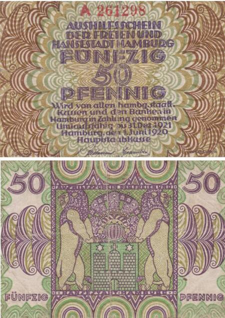  Бона. Германия. Гамбург 50 пфеннигов 1920 год. Герб. Нотгельд. (F) 