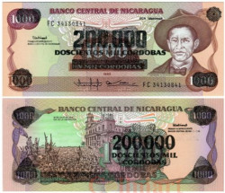 Бона. Никарагуа 200000 кордоб 1990 год на купюре 1000 кордоб 1985 года. (Пресс)