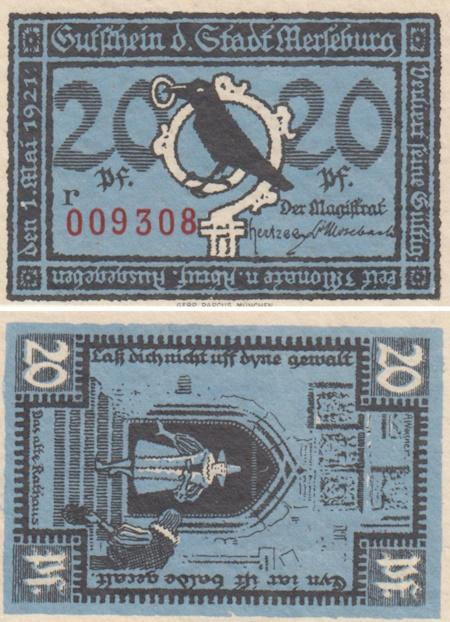  Бона. Германия. Мерзебург 20 пфеннигов 1921 год. Нотгельд. (XF) 