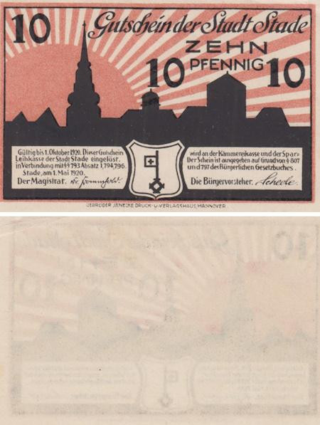  Бона. Германия. Штаде 10 пфеннигов 1920 год. Нотгельд. (XF) 