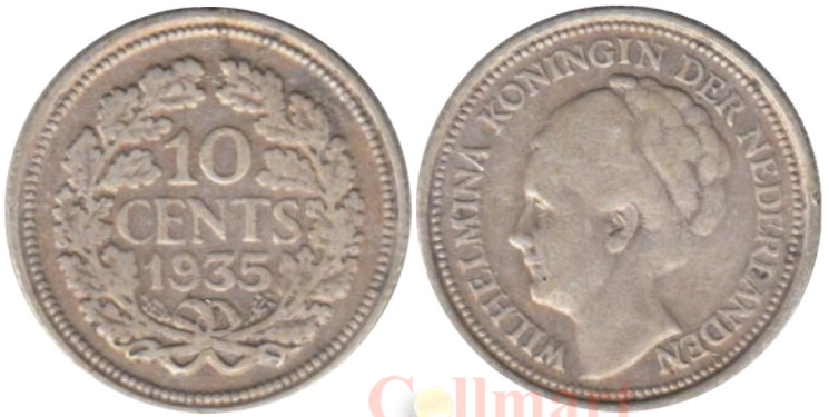  Нидерланды. 10 центов 1935 год. Вильгельмина I. 