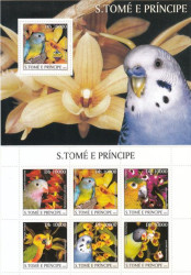 Почтовый блок + малый лист. Сан-Томе и Принсипи. Попугаи и орхидеи.