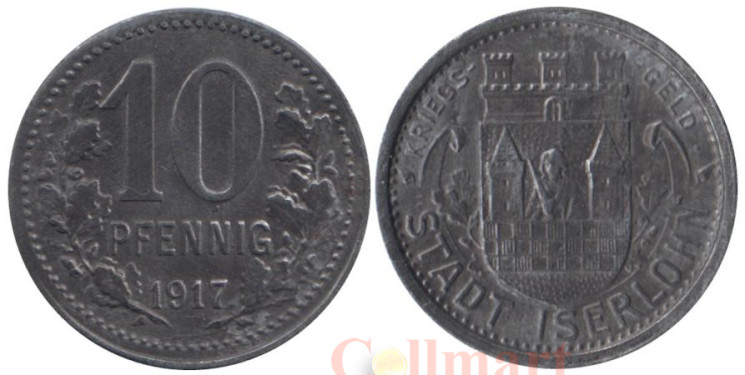  Германия. Изерлон. 10 пфеннигов 1917 год. Нотгельд. 