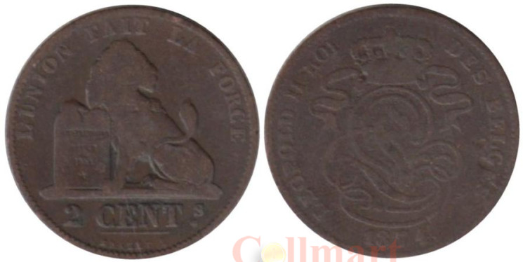  Бельгия. 2 сантима 1874 год. DES BELGES 
